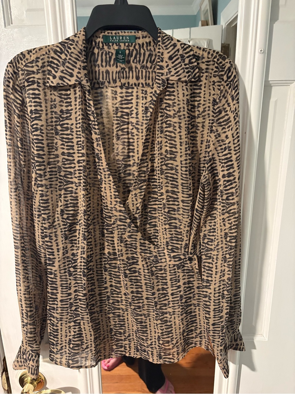 Ralph Lauren Tan and Black Animal Print wrap silk blouse great condition size S